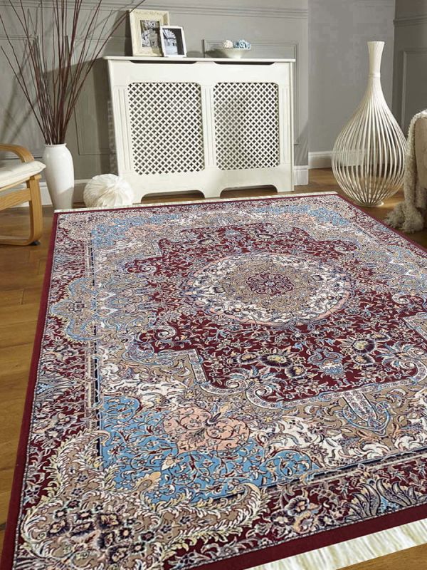 Carpetmantra Irani Red Ground Turquoise Border Oriental Design High Quality Super Premium Silk Carpet 4ft X 6ft