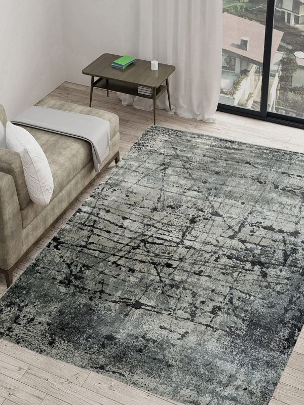 Carpetmantra Grey Blue Abstract 100% Banana Silk Carpet 8fft X 10ft
