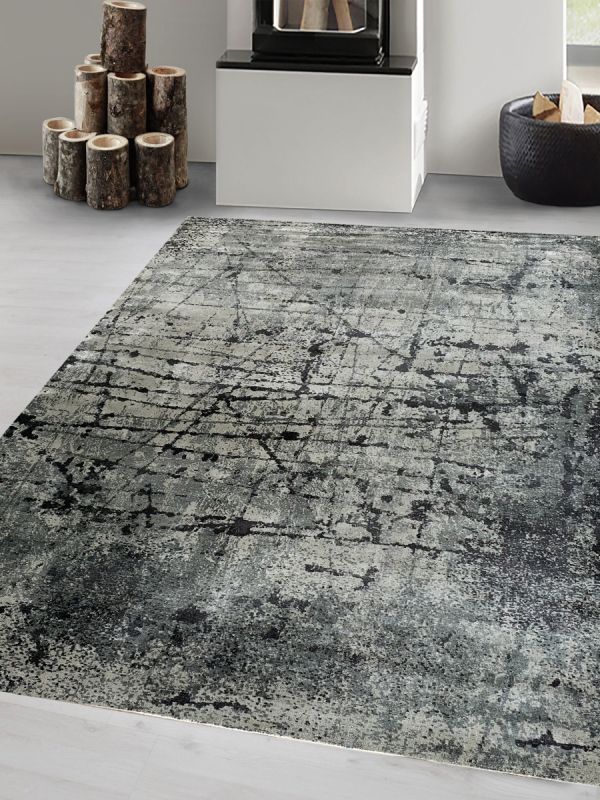 Carpetmantra Grey Blue Abstract 100% Banana Silk Carpet 8fft X 10ft