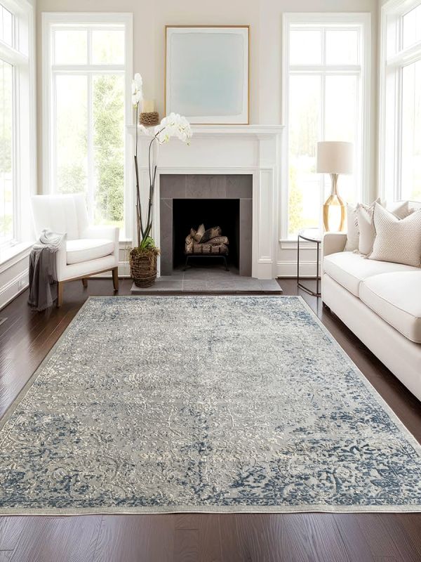 Carpetmantra Silver and Blue Color Floral Design High Qulality Wool & Viscose Carpet 8ft X 10ft 