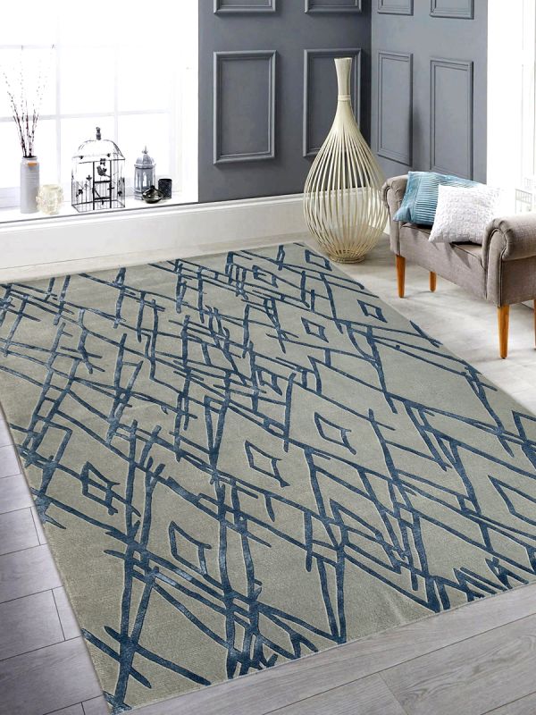 Carpetmantra Hand knotted Designer Silver Grey Blue Carpet 6ftx9ft
