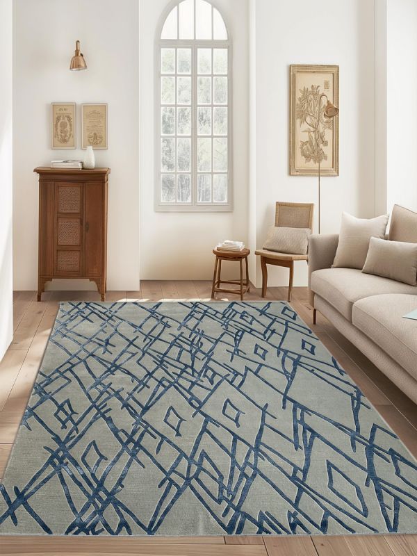 Carpetmantra Hand knotted Designer Silver Grey Blue Carpet 6ftx9ft