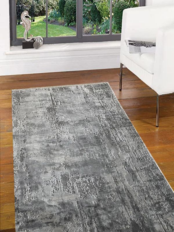 Carpetmantra Grey Silver Abstract Runner Carpet 3.2ft X 6.8ft