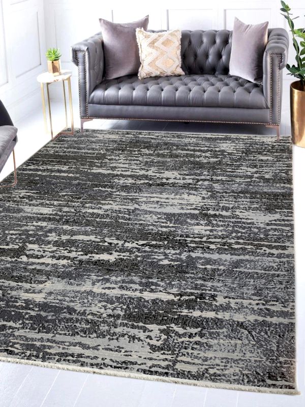 Carpetmantra Grey & Silver Color Super Fine Quality Abstract Design Material Wool Viscose Mix Carpet 6.6ft X 9.9ft