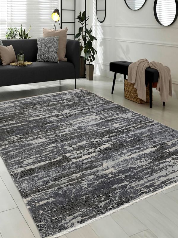 Carpetmantra Grey & Silver Color Super Fine Quality Abstract Design Material Wool Viscose Mix Carpet 6.6ft X 9.9ft