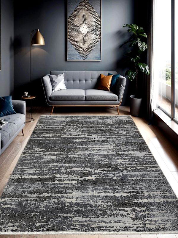Carpetmantra Grey & Silver Color Super Fine Quality Abstract Design Material Wool Viscose Mix Carpet 6.6ft X 9.9ft
