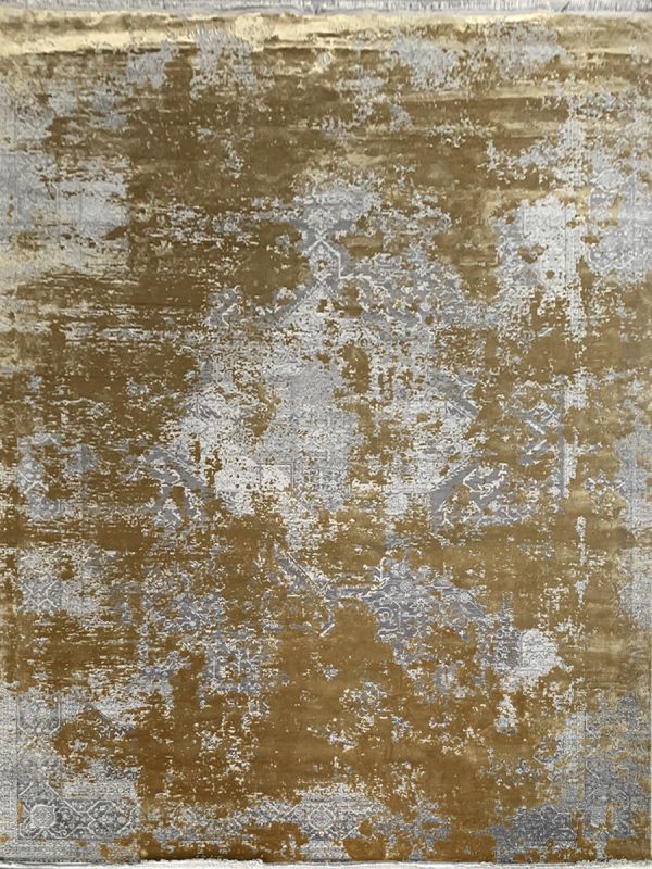 Carpetmantra Grey and Gold Color Abstract Design Material Wool Viscose Mix Carpet 7.9ft X 11.5ft