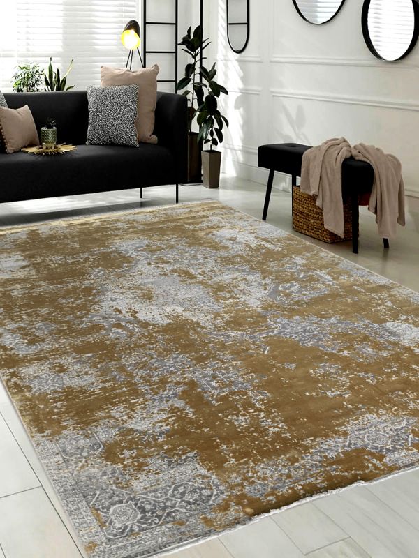Carpetmantra Grey and Gold Color Abstract Design Material Wool Viscose Mix Carpet 7.9ft X 11.5ft