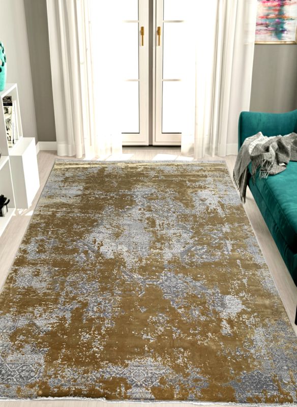 Carpetmantra Grey and Gold Color Abstract Design Material Wool Viscose Mix Carpet 7.9ft X 11.5ft