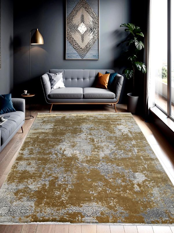 Carpetmantra Grey and Gold Color Abstract Design Material Wool Viscose Mix Carpet 7.9ft X 11.5ft
