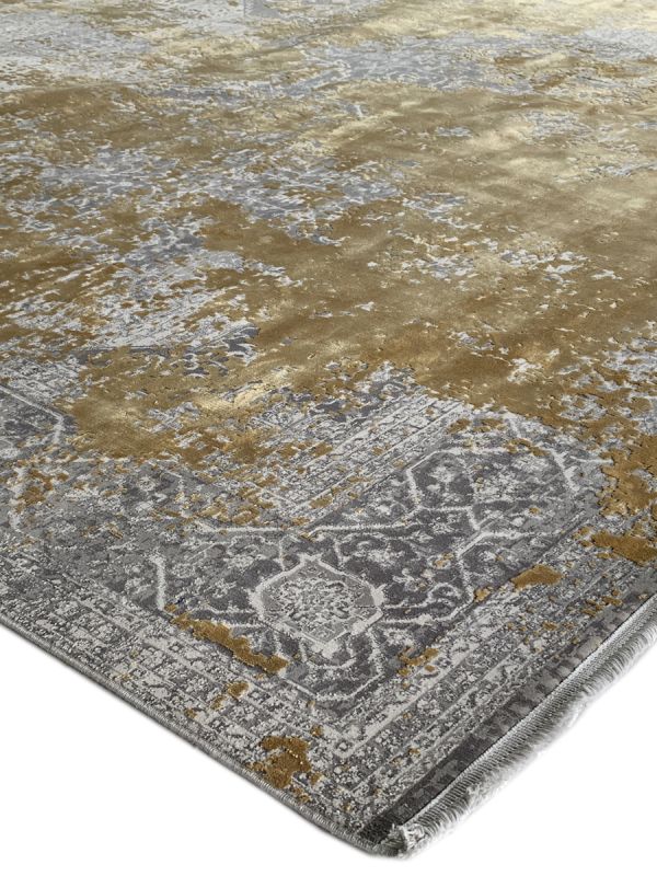Carpetmantra Grey and Gold Color Abstract Design Material Wool Viscose Mix Carpet 7.9ft X 11.5ft