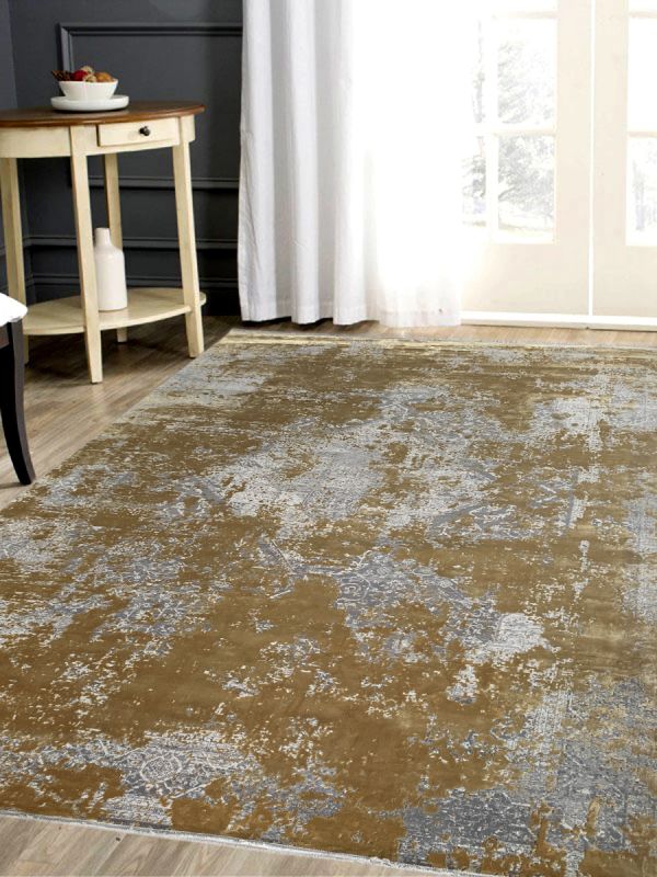 Carpetmantra Grey and Gold Color Abstract Design Material Wool Viscose Mix Carpet 7.9ft X 11.5ft