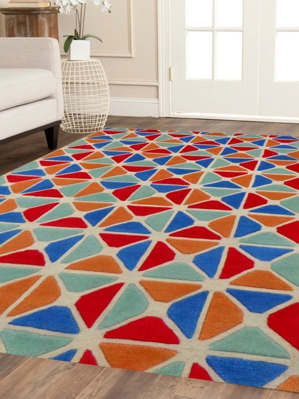Carpet Mantra Multi Color Geometrical Design 100% New Zealand Wool Handmade carpet 5.3ft x 7.7ft 