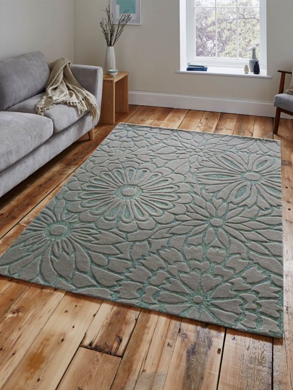 Carpet Mantra Turquoise Floral Carpet 4.6ft x 6.6ft 