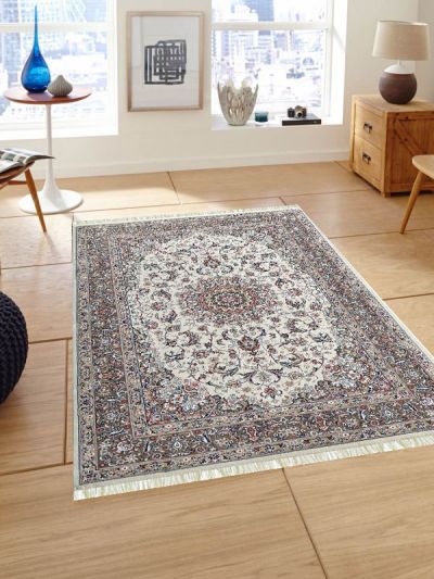 Carpetmantra Irani White Color Ground Grey Color Border Traditional Design High Quality Premium Silk Floral Carpet 3.3ft X 5.0ft