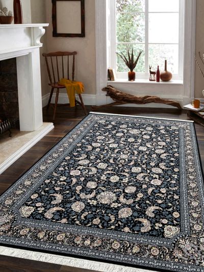 Carpetmantra Irani Black Ground Traditional Design High Quality Super Premium Silk Floral Carpet