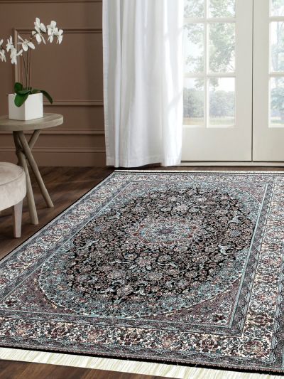 Carpetmantra Irani Black Ground Cream Border High Quality Super Premium Silk Carpet 5.0ft X 7.5ft