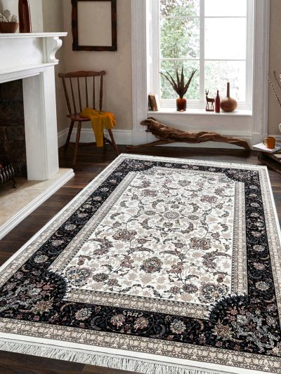 Carpetmantra Irani White Ground Black Border Traditional Design High Quality Super Premium Silk Carpet 4ft X 6ft