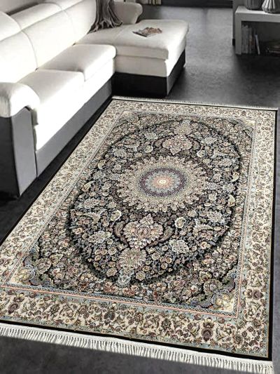 Carpetmantra Irani Black Ground Cream Border Traditional Design High Quality Super Premium Silk Floral Carpet 6.0ft X 9.0ft