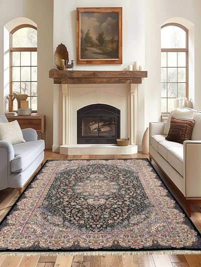 Carpetmantra Irani Black Ground Silver Border High Quality Super Premium Silk Carpet 4ft X 6ft