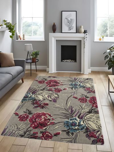 Carpet Mantra Grey & Pink Color Floral Design 100% New Zealand Wool Handmade Carpet 4.6ft x 6.6ft 