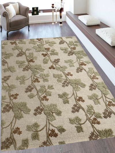 Carpet Mantra Beige Green Floral Carpet 8.5ft X 11.4ft 