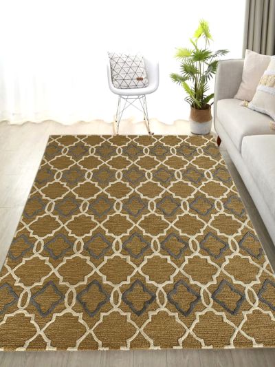 Carpetmantra Gold Color 100% New Zealand Wool Modern Design Handmade Carpet 7.5ft X 9.5ft 
