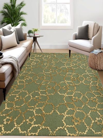 Carpetmantra Green & Gold Color Modern Design Wool & Viscose Mix Handmade Carpet 5ft X 7ft