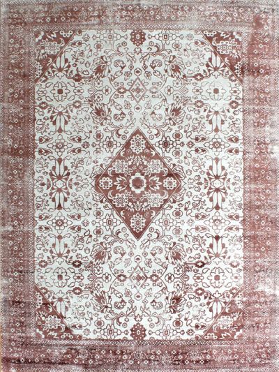 Carpetmantra White & Rust Floral 100% Viscose Carpet 5.1ft X 7.4ft