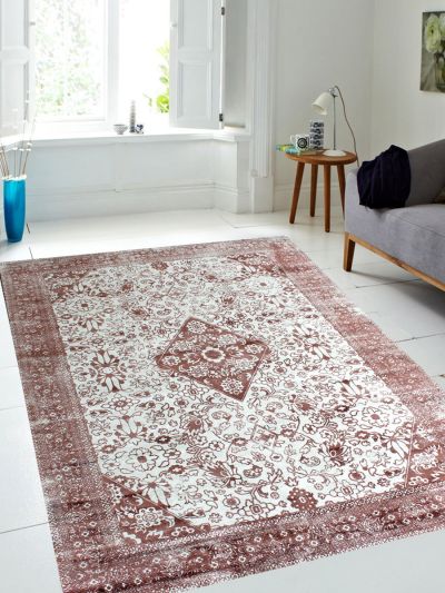Carpetmantra White & Rust Floral 100% Viscose Carpet 5.1ft X 7.4ft