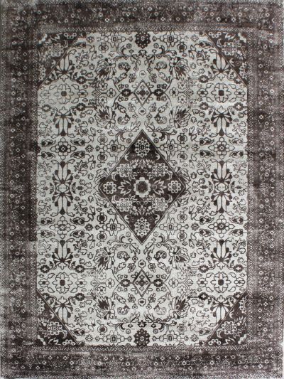 Carpetmantra White Chikoo Floral 100% Viscose Carpet 5.1ft X 7.4ft