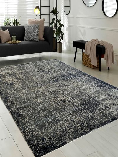 Carpetmantra Dark Blue Abstract 100% Banana Silk Carpet 8.0ft  X 10.0ft