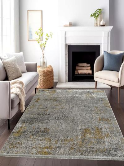 Carpetmantra Grey & Gold Color Abstract Design High Qulality Wool & Viscose Mix Carpet 