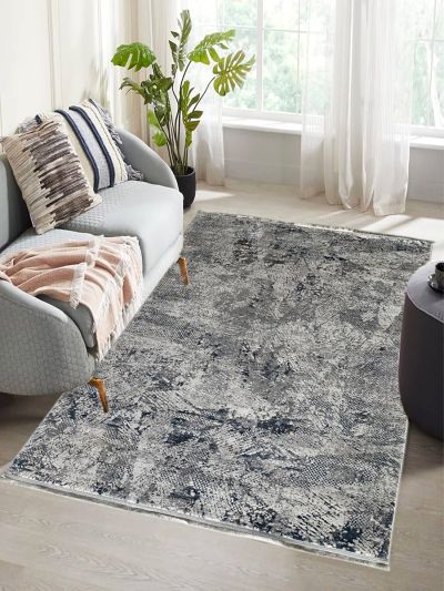 Carpetmantra Grey and White Color Abstract Design High Qulality Wool Viscose Mix Carpet 5.3ft X 7.7ft