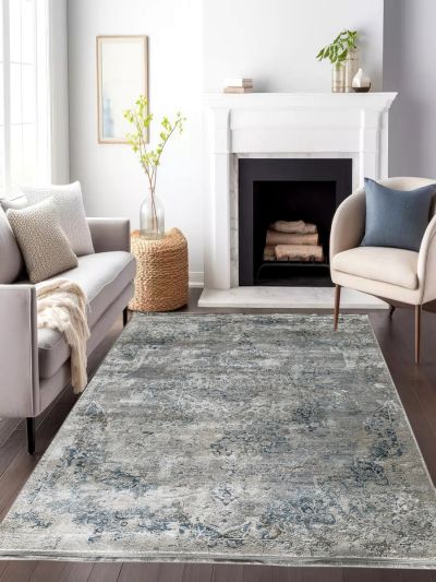 Carpetmantra Silver/Grey Color Transitional Design High Qulality Wool Viscose Mix Fine Carpet 5.3ft X 7.7ft