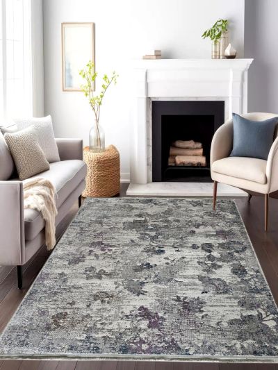 Carpetmantra Silver and Purple Color Abstract Design High Qulality Wool Viscose Mix Fine Carpet 5.0ft X 7.0ft