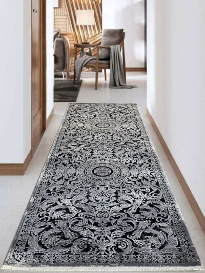 Carpetmantra Black Grey Floral Runner Carpet 3.2ft X 10ft