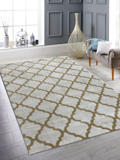 Carpetmantra White/Gold Color Trellis Design Wool Viscose Mix Carpet 5.2ft X 7.6ft