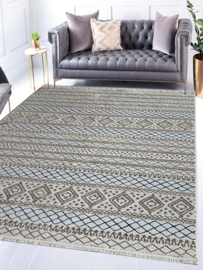 Carpetmantra White & Blue Color Modern Design Superior Quality Wool Viscose Mix Carpet 