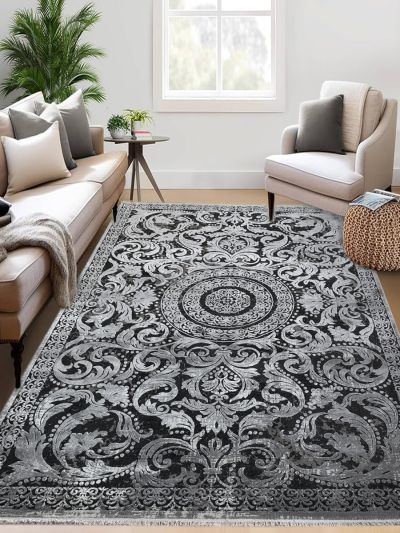 Carpetmantra Black Color Ground Silver Color Border Super Fine Quality Floral Design Material Wool Viscose Mix Carpet 