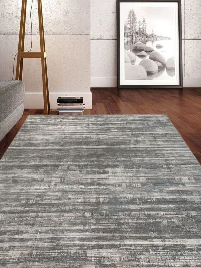 Carpetmantra Grey and White Color Abstract Design Material Wool Viscose Mix Carpet 8.7ft X 13.0ft